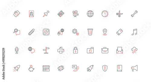 Online applications for work and entertainment, communication line icon set. Mobile apps for location address, calendar, video and messages thin black and red outline symbols vector illustration