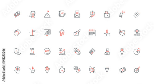 Digital marketing strategy, solutions for brand advertising campaign and sales launch, business growth line icon set. Funnel and magnet, influence thin black and red outline symbol vector illustration