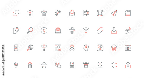 Online services for data download, chart analytics, business planning, social media line icon set. Video, microphone, location, app notification thin black and red outline symbols vector illustration