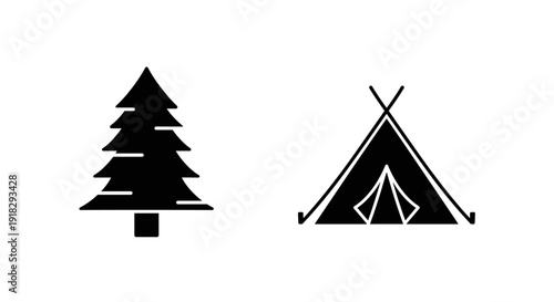 Black silhouette camping forest icons set.