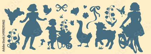 Cottagecore farmhouse silhouette collection with girl, lamb, goose, spring flowers and bows. Vintage pastoral clipart collection