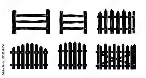 Silhouette of various wooden fence designs and gates in black