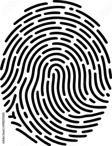 Minimalist monochrome vector illustration collection featuring fingerprint silhouette symbolizing identity security and biometric design