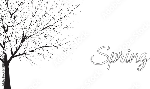 Minimalist black silhouette of a tree with delicate branches and sparse foliage, announcing spring's arrival.