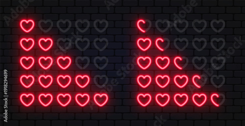 Neon heart rating scale with glowing red icons in various stages. Romantic shapes highlight user feedback and satisfaction. Perfect for dating apps, social media, or loyalty concepts.