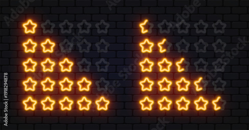 Neon vector set of glowing star rating scales from one to five. Bright symbols shine on a dark brick wall, showing different feedback levels. Great for review systems, apps, and web design.