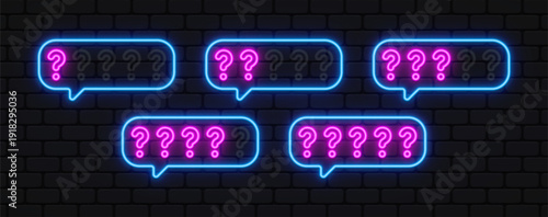 Neon question mark scale in vivid pink within speech bubbles. Glowing symbols represent uncertainty and feedback levels. Perfect for surveys, quizzes, or customer response design.