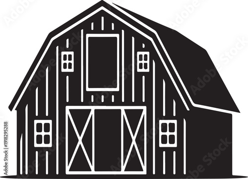 Wooden Farm Barn Building Black and White Silhouette Illustration Rustic Agricultural Storage Structure Rural Countryside Graphic Design