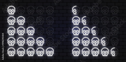 Neon skull rating scale with glowing white icons on dark brick. Edgy design expresses danger or difficulty levels. Suitable for horror themes, gaming interfaces, or bold concepts.