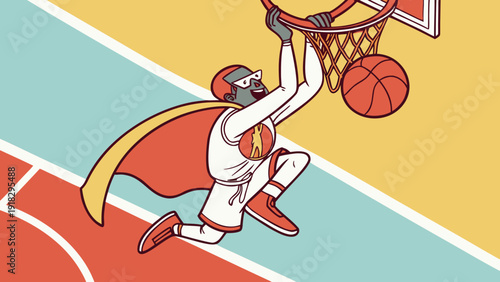 A short but superhero-like basketball player, wearing a cape and shooting from behind the court.