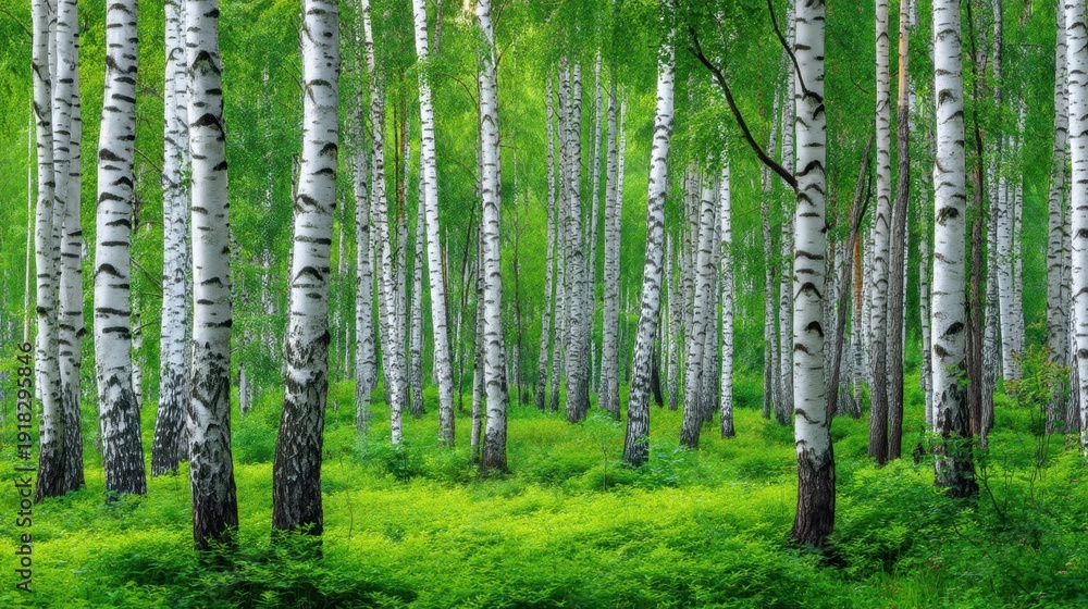 Obraz premium Tranquil Birch Forest with Lush Green Undergrowth and Tall White Trunks Creating a Serene Nature Landscape Ideal for Relaxation and Reflection