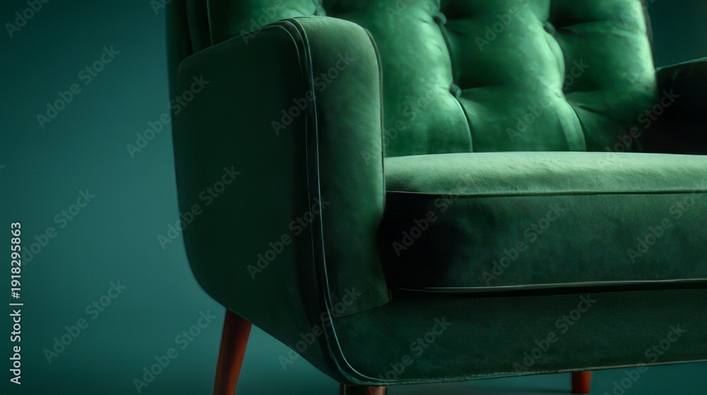 Obraz premium Modern green velvet sofa with tufted backrest and tapered wooden legs