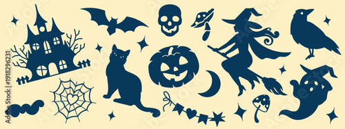 Halloween silhouette set of stickers and patches with witches, castles, cats, bats and pumpkins. Retro black and white graphic design for crafts, scrapbooking, party decor and DIY projects.