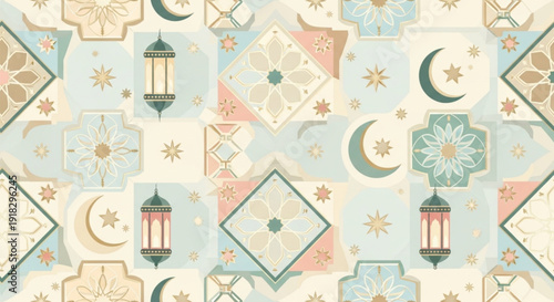 An intricate pattern featuring lanterns, moons, and stars in a harmonious blend of geometric shapes and soft pastel hues, creating a serene atmosphere