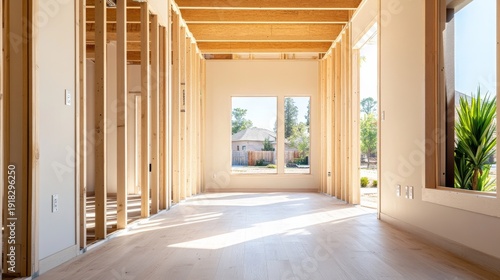 Framed House Interior, Sunlit Hardwood Floors, Open Concept Construction, Natural Light, Home Build, Framing, Wood