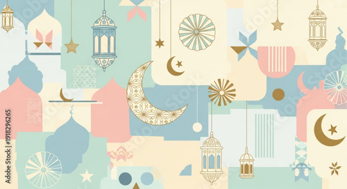 Celebration of Cultural Heritage with Lanterns, Crescent, Mosques, Stars, and Ornaments in a Vibrant Illustration