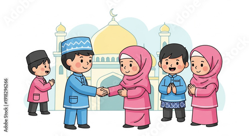 Family greeting each other in front of a mosque illustration