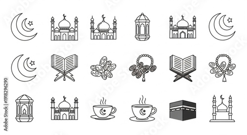 Collection of Islamic symbols and icons including mosques, crescent moons, and religious texts in a simple line art style