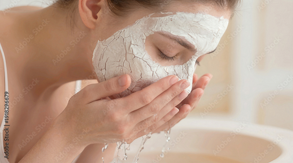 Obraz premium Woman washing off white clay mask with water over sink. Skincare routine and facial treatment for healthy skin.