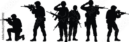 Armed soldier silhouettes illustration, military personnel poses, defense concept art, tactical combat figures, army rifle action, patriotic armed forces design