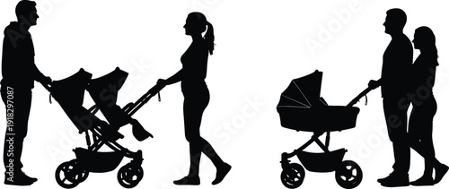 Baby stroller silhouette illustration set, parenting artwork design, childcare vector graphic, family lifestyle motif, infant transport concept, parental bond