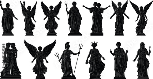 Classical statues silhouettes illustration, Greco Roman art concept, mythological figures design, ancient cultural heritage, divine symbolism representation, artistic antiquity style
