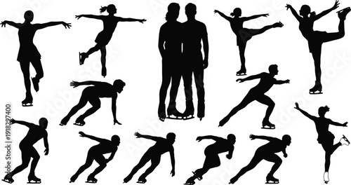 Figure skating silhouettes illustration, elegant ice skaters art, dynamic spins and jumps, winter sport concept, graceful performance design, athletic skating representation
