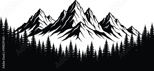 Mountain landscape silhouette illustration, snow‑capped peak artwork, rugged terrain vector, forest nature design, wilderness adventure graphic, outdoor scenery concept