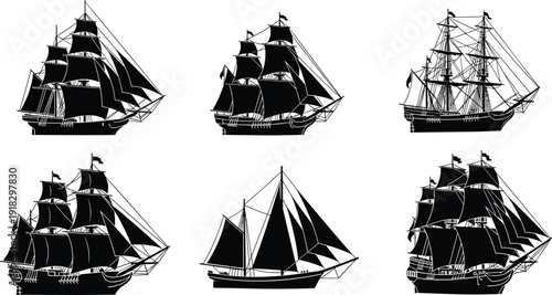 Sailing ship silhouette illustration set, historical vessel artwork, nautical vector design, maritime graphic concept, galleon schooner frigate motif
