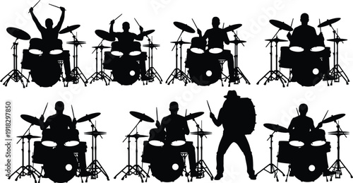 "Collection of dynamic drummer silhouettes performing on drum kits and marching drums, showcasing expressive movement, rhythm, and energy for music design and creative projects"