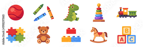 Set of children’s toy icons, educational games for toddlers and preschool kids, colorful collection with vector flat illustrations