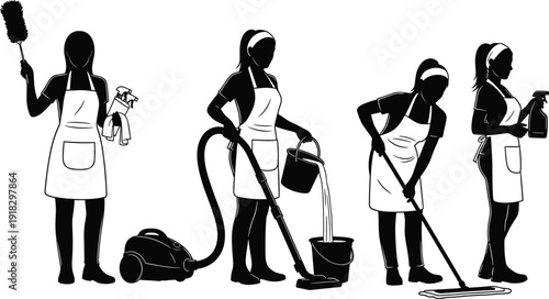 Silhouettes of people cleaning illustration, domestic chores art, household work concept, professional cleaning service design, hygiene tools action, home maintenance representation