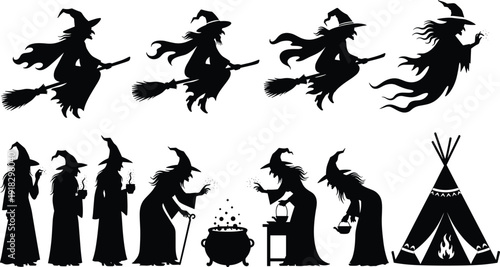 Witch silhouette illustration set, Halloween artwork design, broomstick flying vector, magical spell graphic, cauldron potion motif, fantasy concept