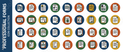 Comprehensive set of 40 professional business form and document icons in flat design. Includes tax forms, legal contracts, business plans, invoices, certificates, licenses, permits, and audit reports.