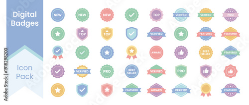 Vector Icon Set of 36 Digital Badges and Labels in Flat Design with Soft Pastel Colors. Includes New, Top, Verified, Pro, Featured, Award, and Best Seller Icons for E-commerce and Web Interface.