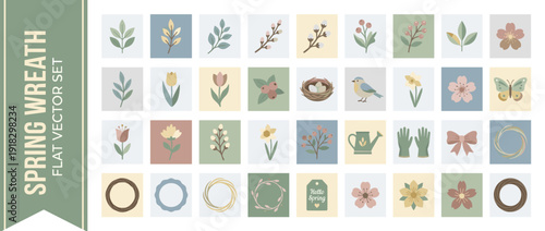 Flat Vector Icon Set of 30 Spring Wreath Elements with Flowers, Leaves, Birds, Nests, and Gardening Tools in a Modern Neutral Palette with Soft Highlights for Seasonal Graphic Design Projects.