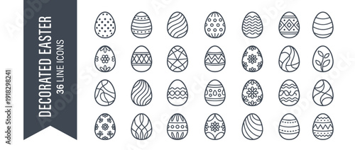 Vector Set of 36 Decorated Easter Egg Line Icons Featuring Diverse Patterns like Flowers, Dots, Stripes, and Geometric Shapes for Spring Holiday Greeting Cards, Invitations, and Web Design.