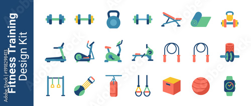 Set of 21 Flat Design Fitness and Gym Equipment Icons Featuring Dumbbells, Kettlebell, Treadmill, Stationary Bike, Rowing Machine, Jump Rope, Yoga Mat, Punching Bag, Swiss Ball, and Smartwatch.