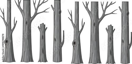 Dead tree trunks and branches collection forest wood vector illustration isolated design set