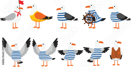 Cute seagull cartoon character set sailor bird vector illustration isolated collection design