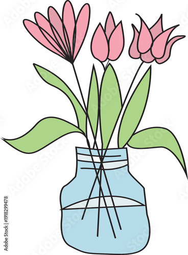 A simple vector illustration of three pink tulips and spring blossoms in a light blue glass jar. Hand-drawn style botanical sketch isolated on white background, perfect for greeting cards, invitations