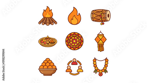 Vector Icon Set for Holika Dahan Festival Featuring 9 Traditional Symbols like Bonfire, Dhol Drum, Rangoli, Sweets, and Lantern for Holi Cultural Celebration