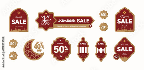 Ramadan Tag Collection, Big sale discount with Islamic nuance, Ramadan themed bottom of screen with maroon color for streaming channels and name tags