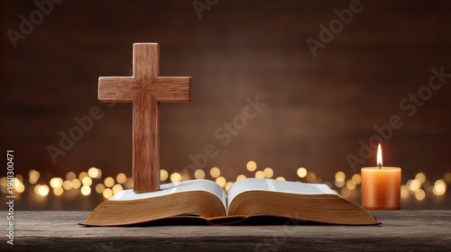 Wooden cross on open bible with candle light softly glowing in the background, creating a peaceful spiritual atmosphere ideal for religious meditation