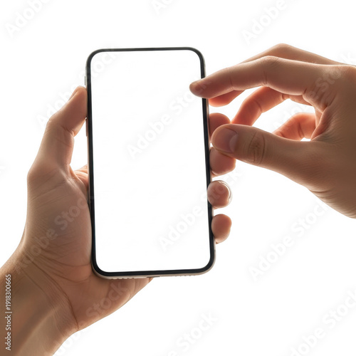A hand holding a smartphone with a blank white screen