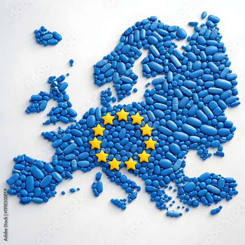 Europe map formed entirely from blue pharmaceutical pills with yellow star circle, representing EU pharma industry and healthcare