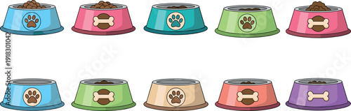 Colorful Collection of Pet Food Bowls with Paw Prints and Bone Icons for Dogs and Cats