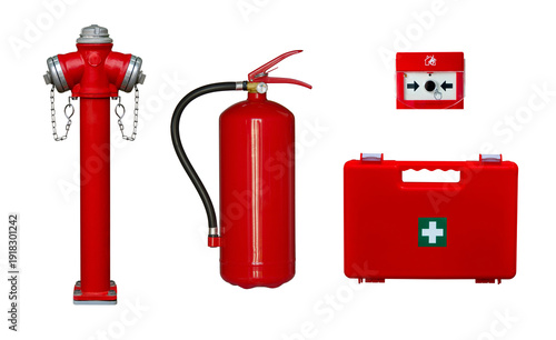 fire hydrant, fire extinguisher, first aid kit and fire alarm button isolated on white background