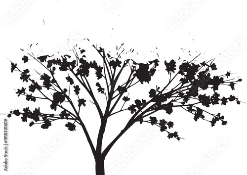 Silhouette of a blossoming tree with abundant flowers on branches, perfect for conveying growth, renewal, and spring themes.