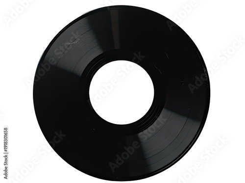 A close-up of a black vinyl record on a white background